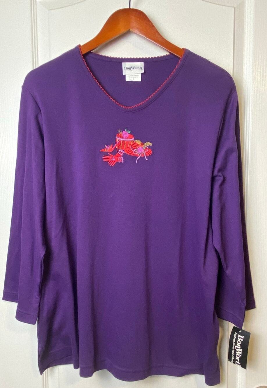 Bon Worth Red Hat Society Purple Embroidered Blouse Women's X-Large NWT